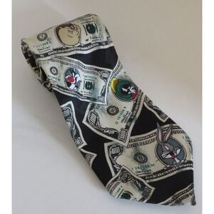 Looney Tunes Mania Neck Tie Daffy Taz Sylvester $100 Bills Bejamins 61" Long